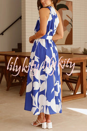 Unique Print Sleeveless One Shoulder Belted Maxi Dress
