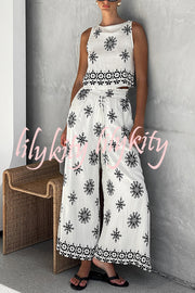 Unique Printed Round Neck Sleeveless Button Top and Elastic Waist Pocket Wide Leg Pants Set