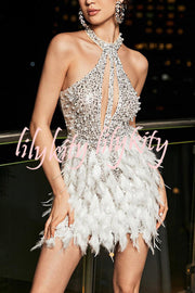 Stylish Sequined Sleeveless Feather-embellished Slim-fit Mini Dress