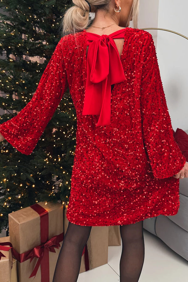 Velvet Sequin Back Bow Bell Sleeves Loose Mini Dress