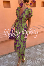 Botanical Print V-neck Puff Sleeve Tie Waist Midi Dress