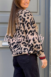 Leopard Print Crew Neck Long-sleeved Loose Knit Cardigan