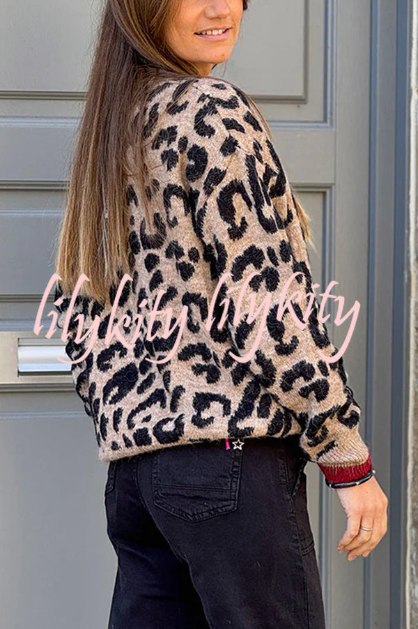 Leopard Print Crew Neck Long-sleeved Loose Knit Cardigan