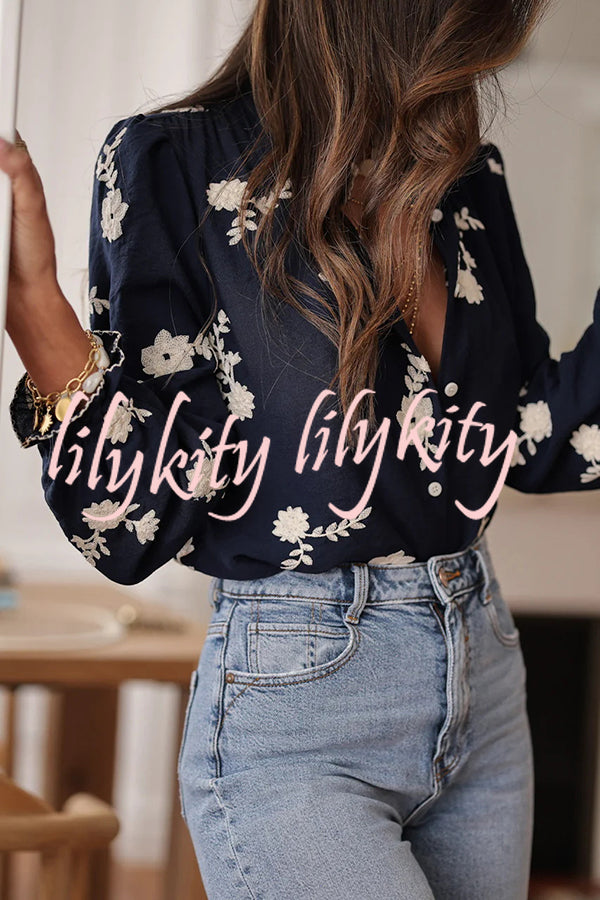 Floral Embroidery Long-Sleeved Button-Up Elegant Shirt