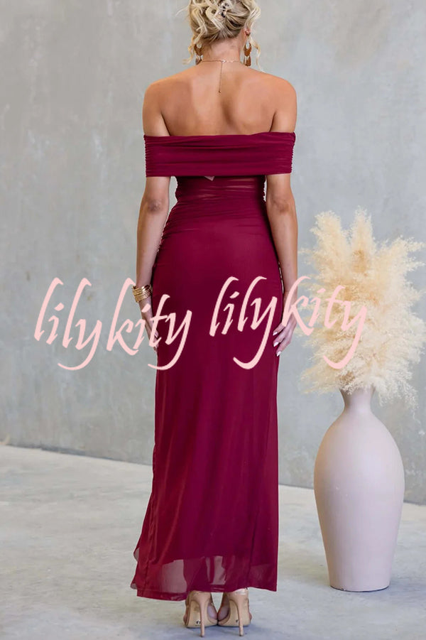Sexy Mesh Off-shoulder Slim Fit Ruffled Slit Maxi Dress