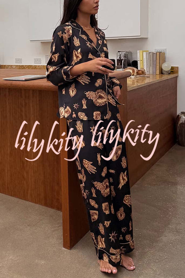 Golden Night Unique Print Color-block Trim Loose Shirt and Elastic Waist Pocketed Pajama Set
