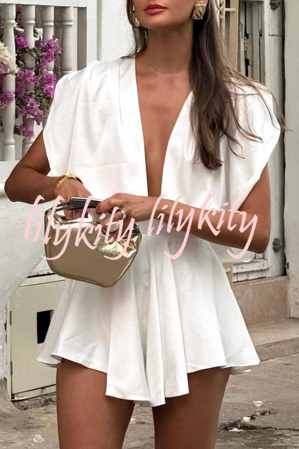 Key To Vacation Satin Ruched Shoulder Deep V-neck Loose Romper