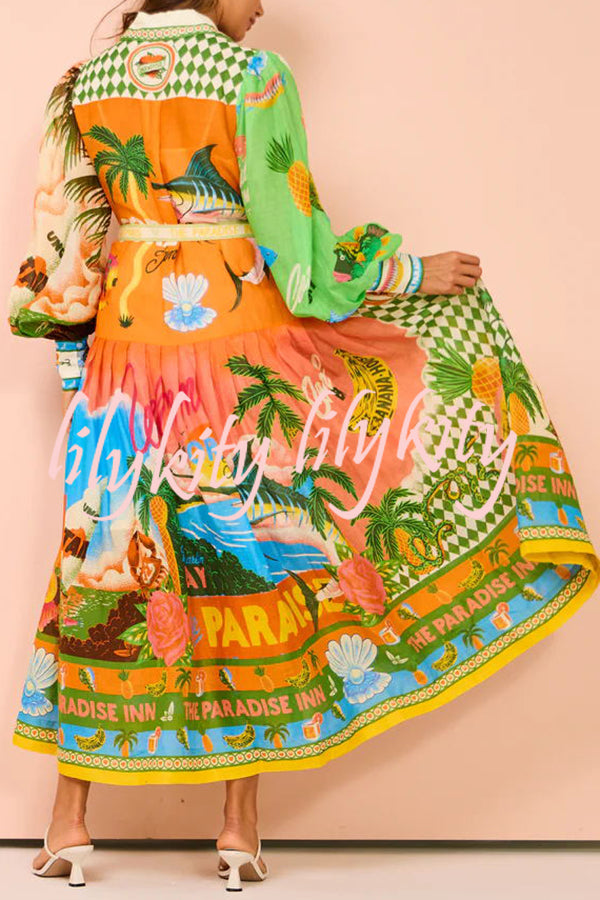 A World of Colour Unique Print Balloon Sleeve Belt Shirt Midi Dress