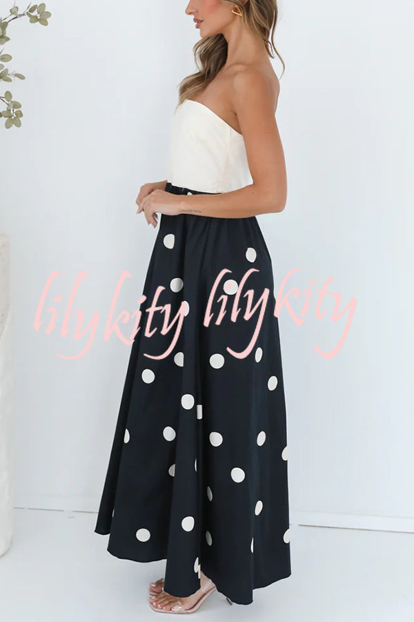 Fashion Polka Dot Print Tube Top Spliced Maxi Dress