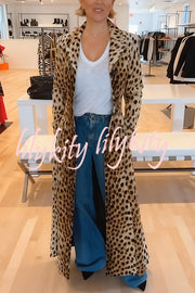 Leopard Print Long Sleeve Pocket Casual Maxi Trench Coat