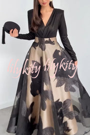 Chic Celebration Glossy Fabric Pleated V-neck Long Sleeve Stretch Bodysuit