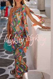 Rainbow Breeze Satin Unique Print Bow One Shoulder Loose Maxi Dress