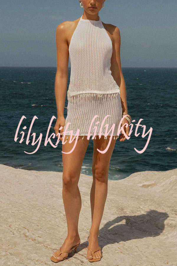 Fashion Knit Hollow Back Top and Embellished Fitted Stretch Beach Mini Skirt Set