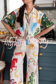 Bohemian Beauty Unique Print Short Sleeve Loose Shirt and Elastic Waist Pants Set