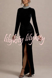 Love Lost Velvet Embellished High Neck Long Sleeve Twist Slit Maxi Dress