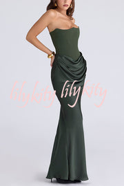 Attend The Gala Strapless Corset Satin Ruched Hip Drape Maxi Dress