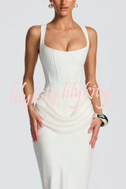 Larrah Square Neck Back Lace-up Satin Drape Hem Maxi Dress