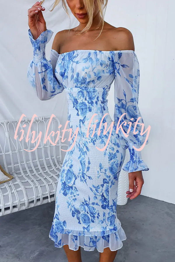 Shine Bright Floral Off Shoulder Smocked Waist Midi Dress