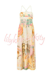 Palermo Linen Blend Contrast Panel Unique Print Back Lace-up Maxi Dress