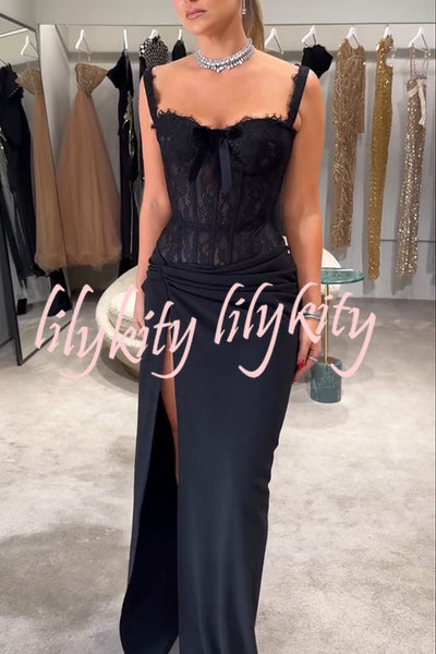 Sexy Grace Magic Lace Corset Bow Design Ruched Hip Slit Maxi Dress