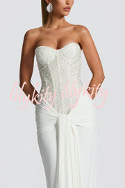Carina Sequined and Satin Jersey Off Shoulder Ruched Knot Drape Maxi Dress