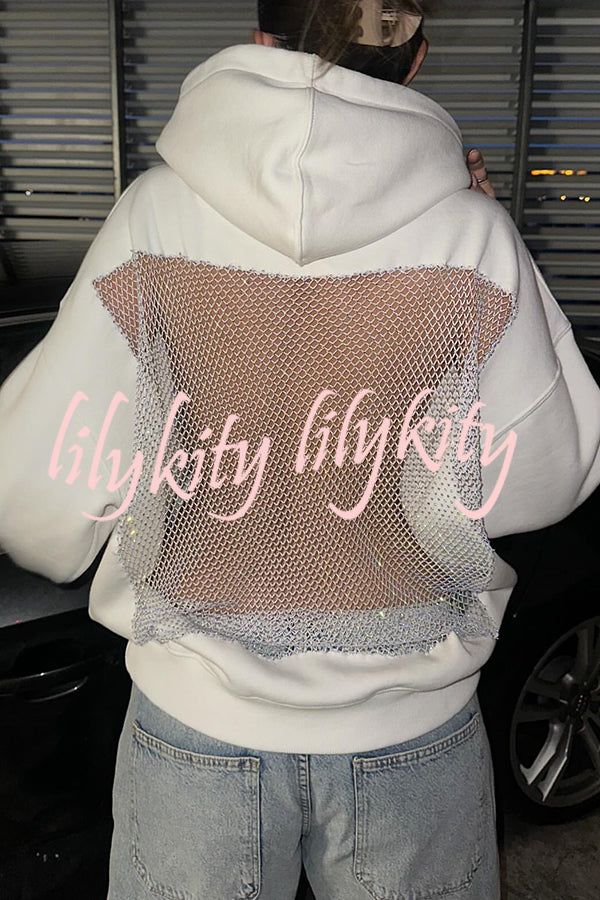 Fashionable Shiny Mesh Hollow Back Loose Long-sleeved Hooded Sweatshirt