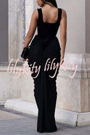 Fashionable Velvet Patchwork Square Neck Sleeveless Draped Maxi Dress