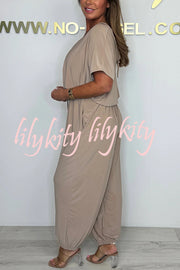 Solid Color V-neck Short-sleeved Waist-tied Loose Casual Jumpsuit