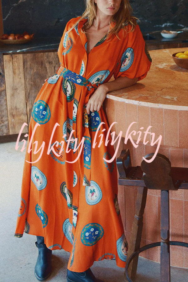 Linen Blend Unique Print Lapel Loose Tie Cardigan Maxi Dress