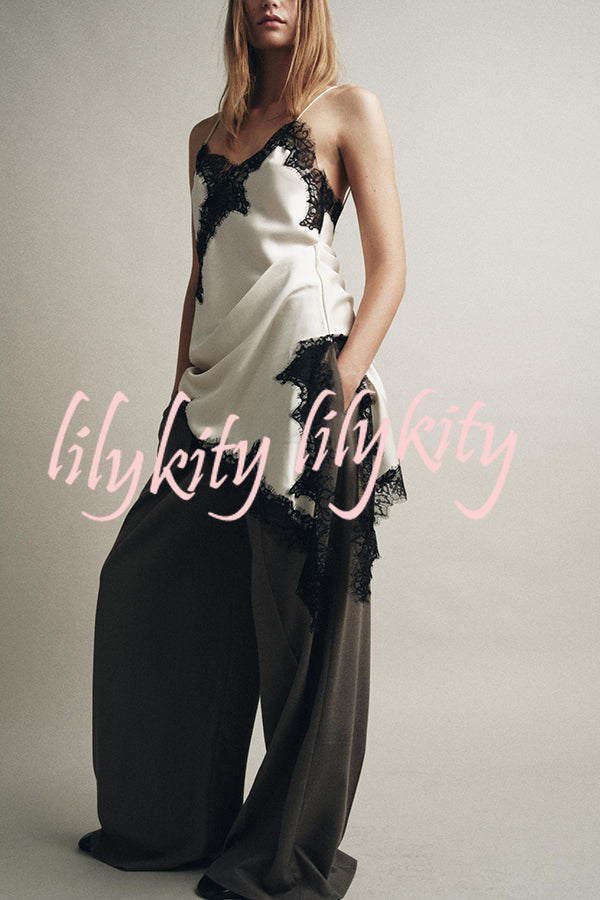 Satin Lace Trim V-neck Asymmetrical Hem Slip Mini Dress