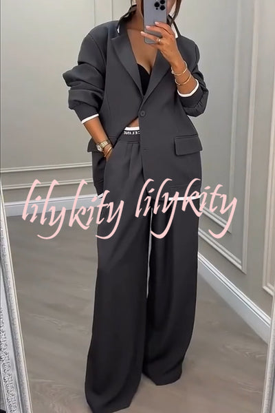 Fashion Sports Style Ribbed Colorblock Lapel Blazer and Elastic Waist Pocket Loose Pants Set
