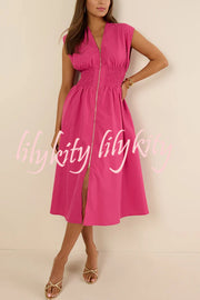 Workdays or Weekends Front Zipper Smocked Waist Pocket Loose Midi Dress