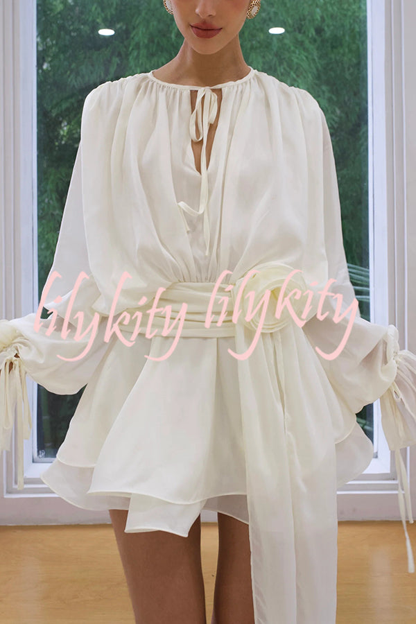 Solid Color Long Sleeve V-Neck Lace-Up Elegant Flower Decorated Mini Dress