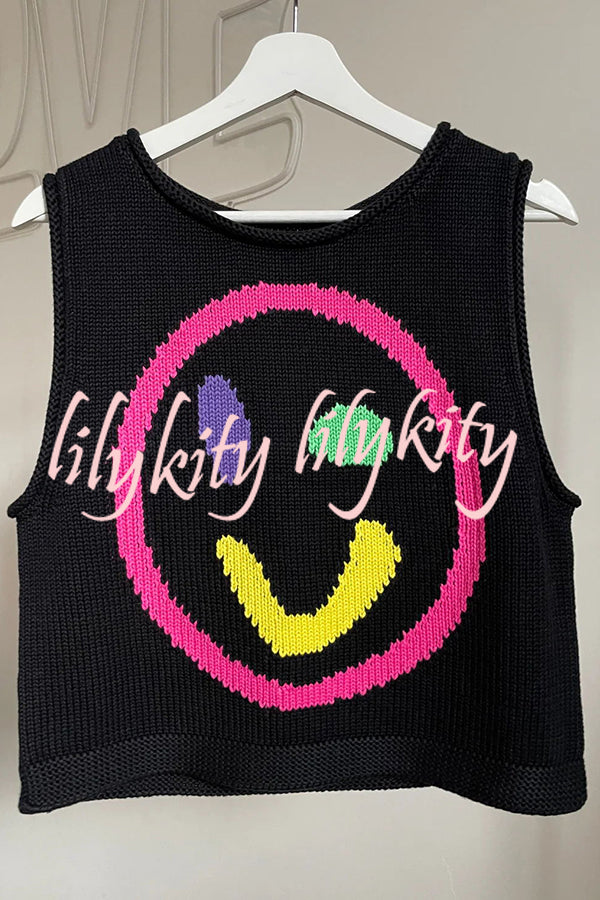 Always Happy Face Knit Unique Pattern Versatile Loose Tank Top