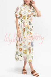 Beach Shell Print Puff Sleeve Tie-Waist Casual Midi Dress