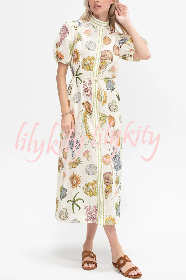 Beach Shell Print Puff Sleeve Tie-Waist Casual Midi Dress