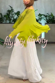 Romantic Journey Chiffon Ruffle Batwing Sleeve Top and Elastic Waist Pocket Loose Pants Set