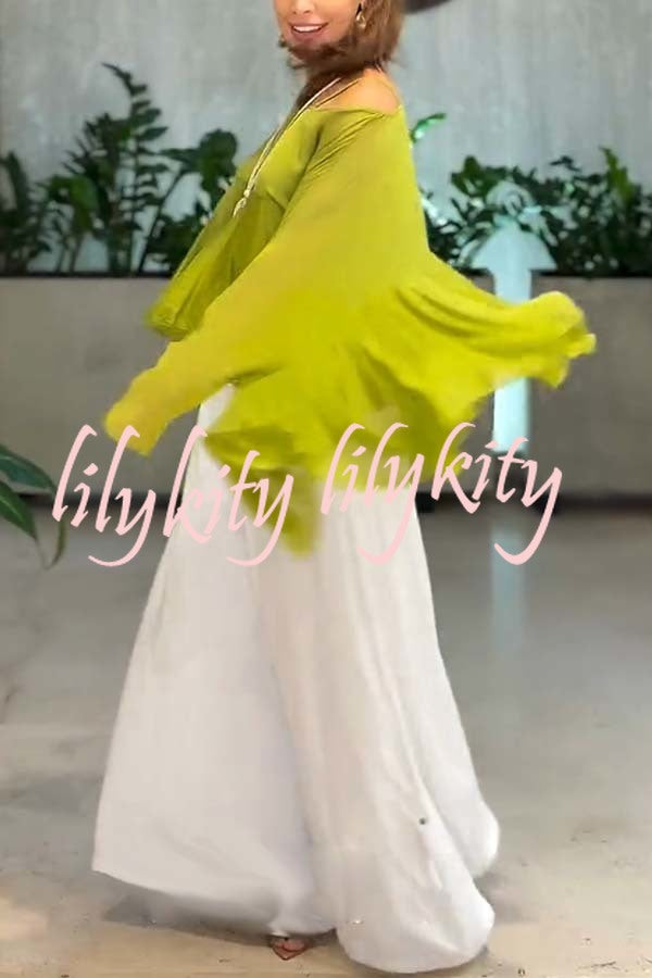 Romantic Journey Chiffon Ruffle Batwing Sleeve Top and Elastic Waist Pocket Loose Pants Set