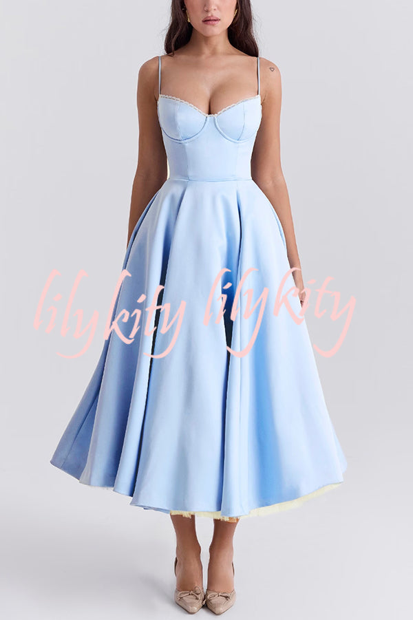 Fairytale Vibe Satin Patchwork Tulle Sweetheart Neck Pocket Stretch Midi Dress