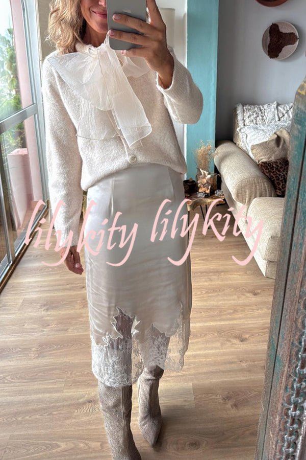 Lola Satin Lace Trim High Rise Side Zipper Loose Midi Skirt