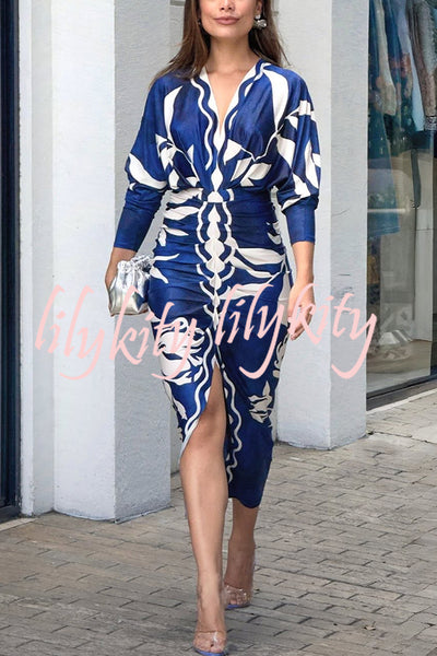 Caliana Unique Print Dolman Long Sleeve Ruched Slit Midi Dress