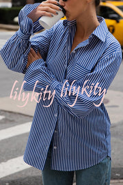 Striped Print Ruffled Long Sleeve Pockets Loose Shirt