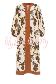 Bradley Linen Blend Color Block Cheetah Print Balloon Sleeve Pocketed Maxi Dress