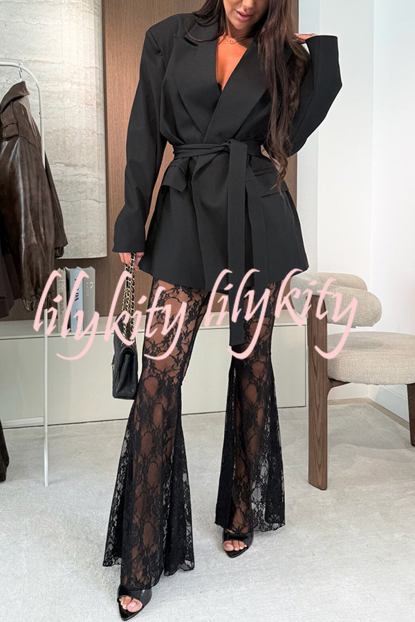 Chic Moment Lapel Long Sleeve Belt Pocketed Oversized Blazer