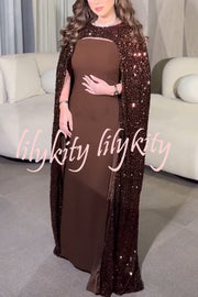 Formal Party Sequin Shawl Slip Maxi Dress