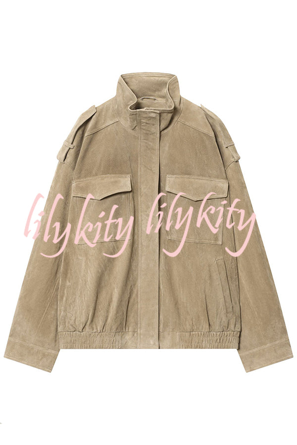 Fashionable Suede Loose Pocket Leather Jacket