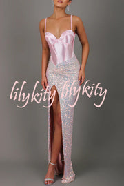 All about Glam Satin Corset Sequin Twist High Leg Split Maxi Dress