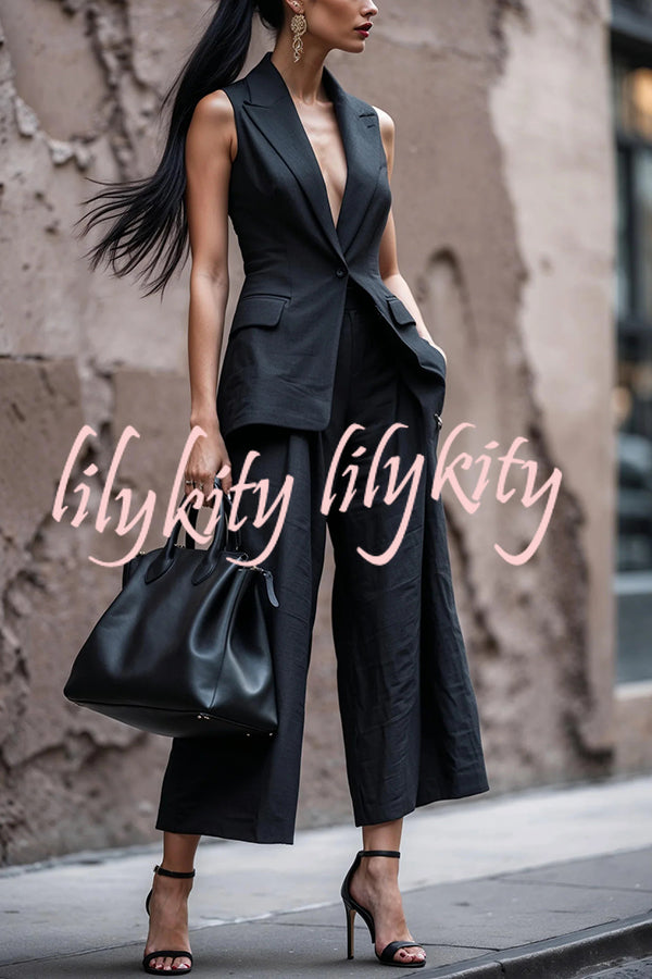 Fashion Sleeveless Lapel Suit Vest and Casual Pocket Straight Pants Set