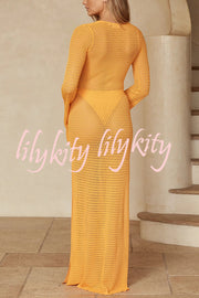 Seaside Goddess Crochet Knit Hollow Out Golden Ring Long Sleeve Cover-up Maxi Dress