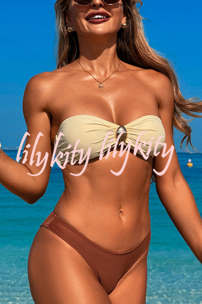 Solid Color Metal Button Decorated Stretch Two-piece Bikini Swimsuit